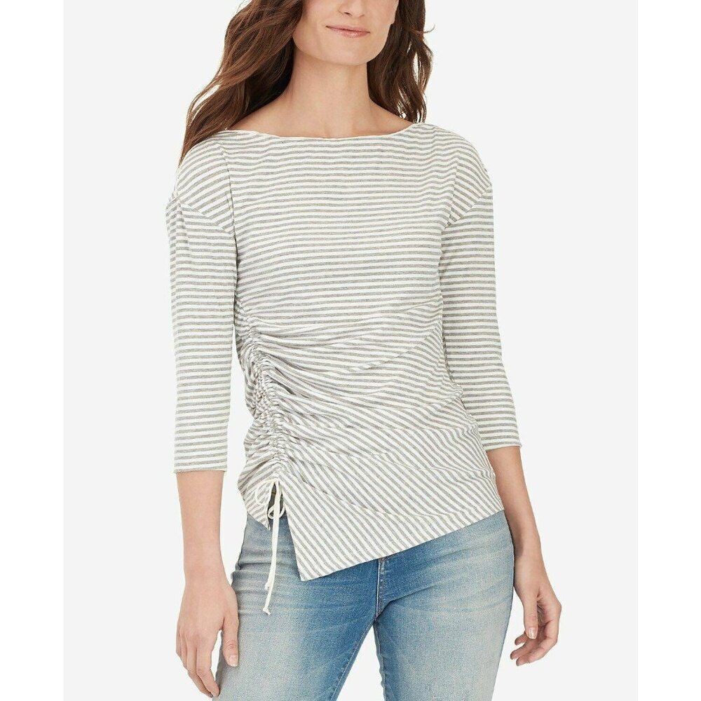 WILLIAM RAST Ruched Gray White Stripe Top Large NWT